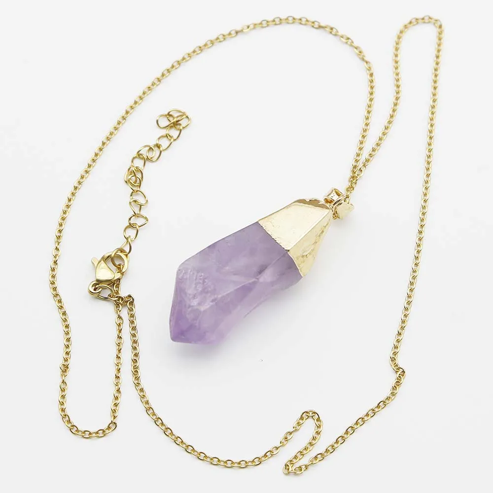 New Natural Stone Amethyst Stainless Steel Chain Necklace Irregular Purple Crystal Gold Plated Head Pendant Fashion Jewelry 6Pcs