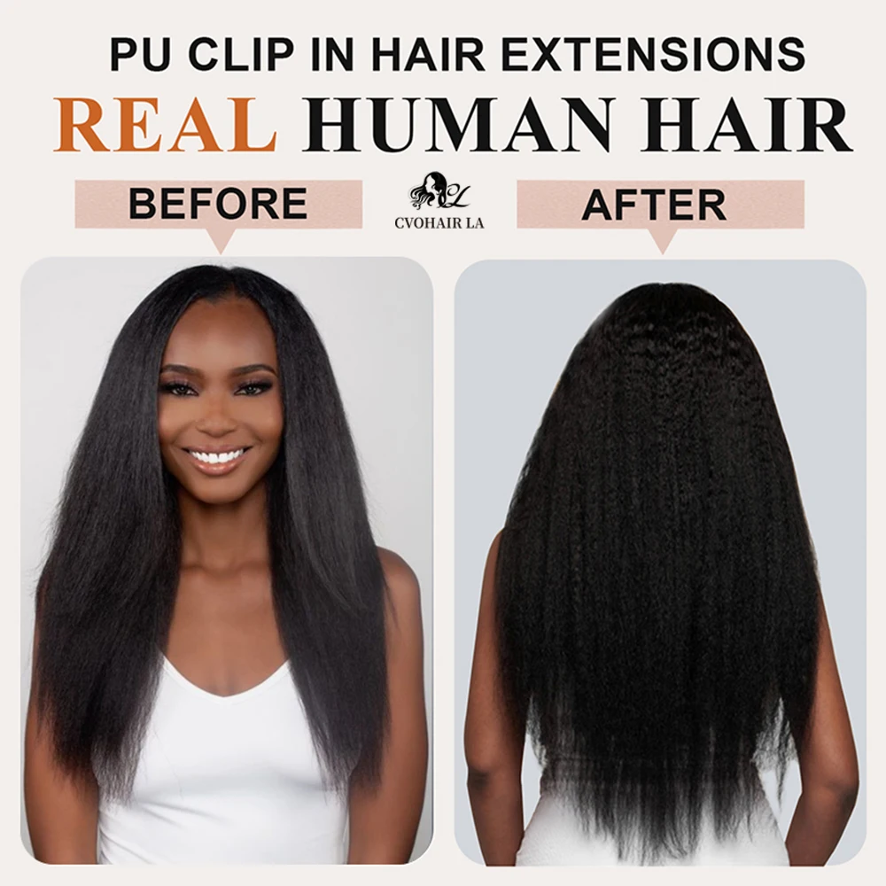 6PCS Afro Seamless Clip Ins Straight In Wome Hair PU Clip Full Head Black Human Hair Thin Invisible Extensions 100％ Human