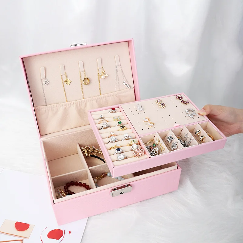 1pcs Double Layer Storage Box For Men And Women Large Capacity Leather Jewelry Box Hardware Latch Travel Portable Flip Lid Palm