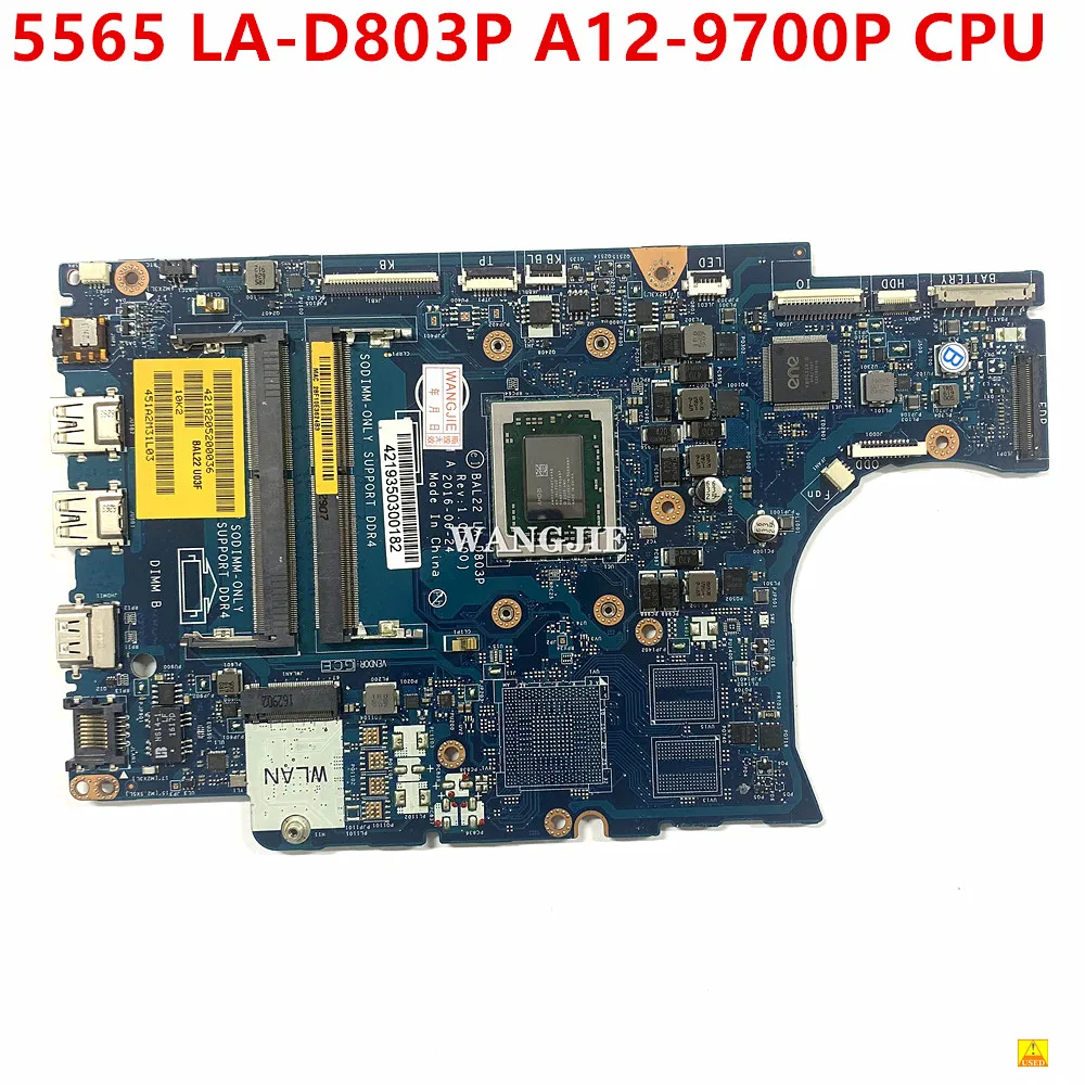 Usado Cn0n7gmf 0n7gmf N7gmf para Dell Inspiron 5565 Computador Portátil Placa-mãe Bal22 La-d803p Mainboard A12-9700p Cpu