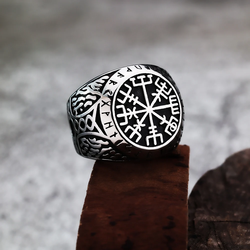 Nordic Viking Compass Rune Titanium Steel Ring European and American Hip Hop Style Men's Vintage Stainless Steel Ring Wholesale