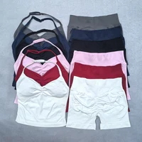 2 Pieces Seamless Yoga Set Workout Clothes Shorts Sets Adjustable Longline Strappy Top Scrunch Shorts Yoga Clothing Gym Set