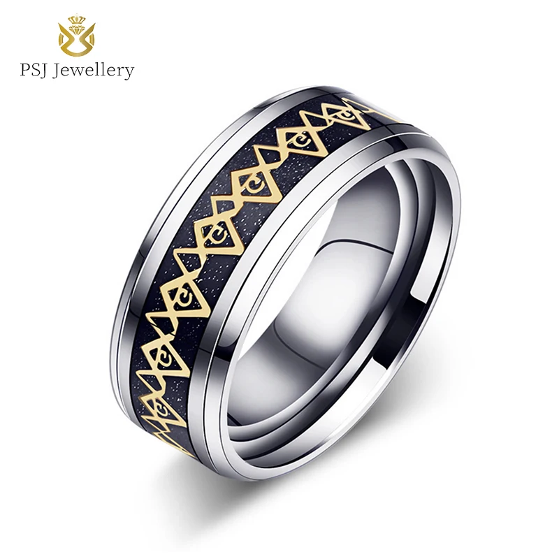 

PSJ Fashion Jewelry High Polished 8MM Black / Blue Fiber Inlay Stainless Steel Rings for Men Wedding