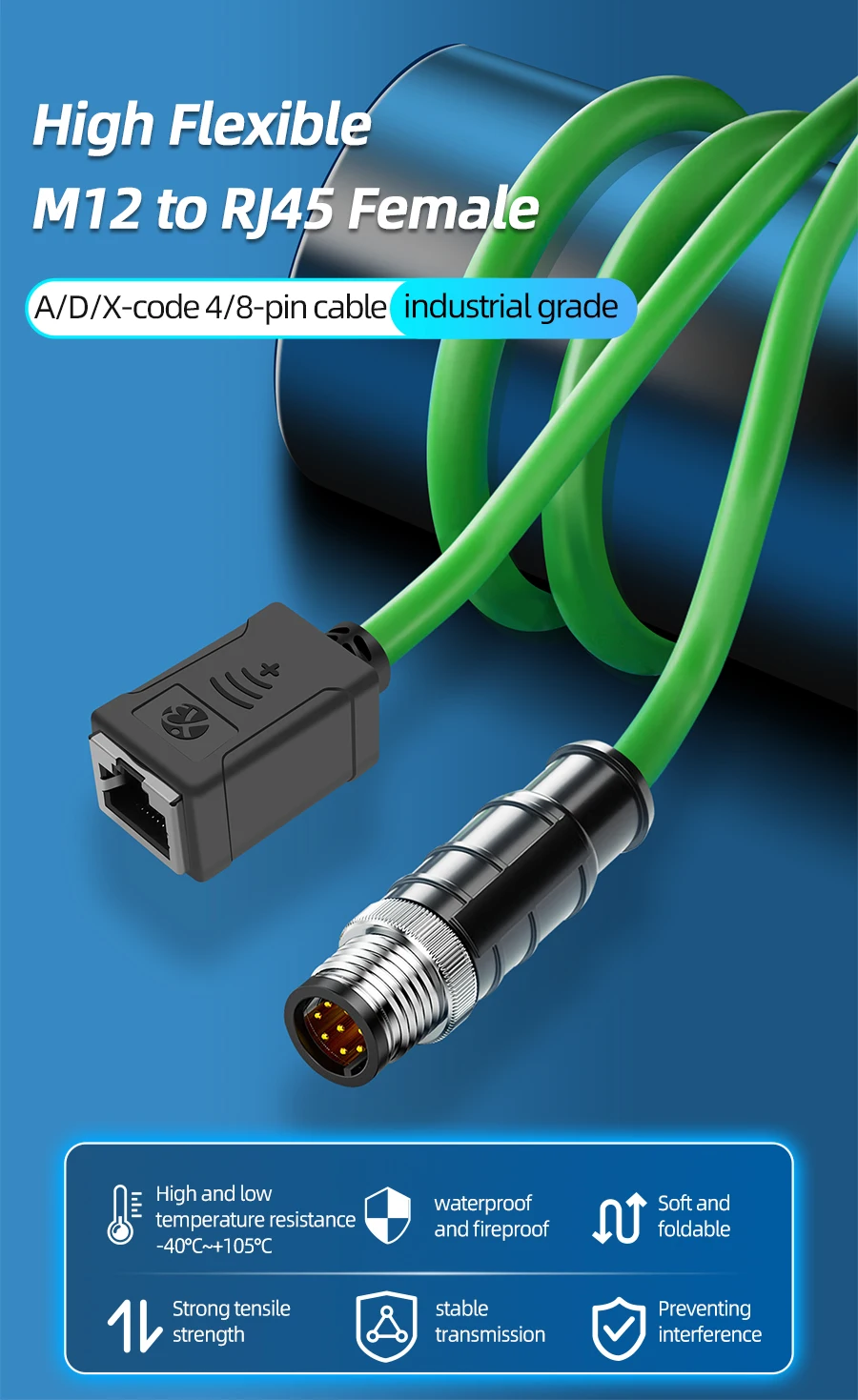 Profinet Hoch flexibles M12 zu RJ45 weibliches industrielles Ethernet-Kabel, S/FTP abgeschirmtes CAT6A Patchkabel, M12 zu RJ45 Verlängerungskabel M12 A/D/X Code 4/8-Pin für Siemens & Fabrikautomatisierung – Detail 2