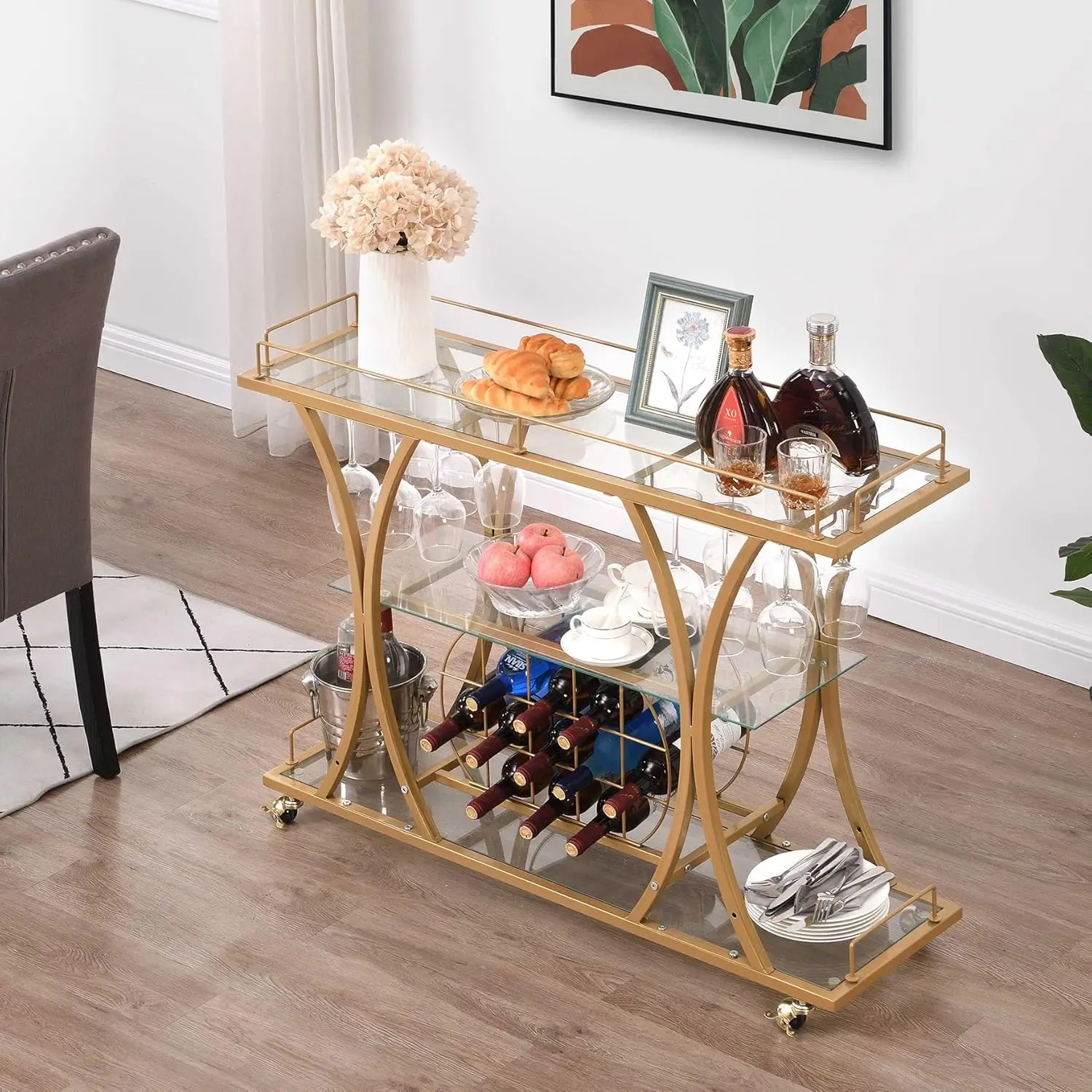 Bar Serving Cart w/ Glass Holder & Wine Rack, 3-Tier Kitchen Trolley Tempered Shelves Gold-Finished Metal Frame, Mobile for Home
