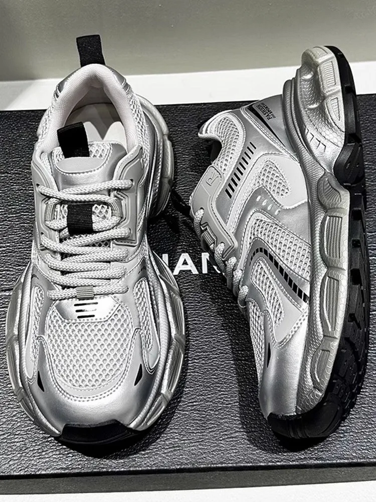 Summer Ladies Leisure Silvery Mesh Breathable Thick Soled Lace Up Jogging Sports Shoes Running Shoes Fitness Trainers Sneakers