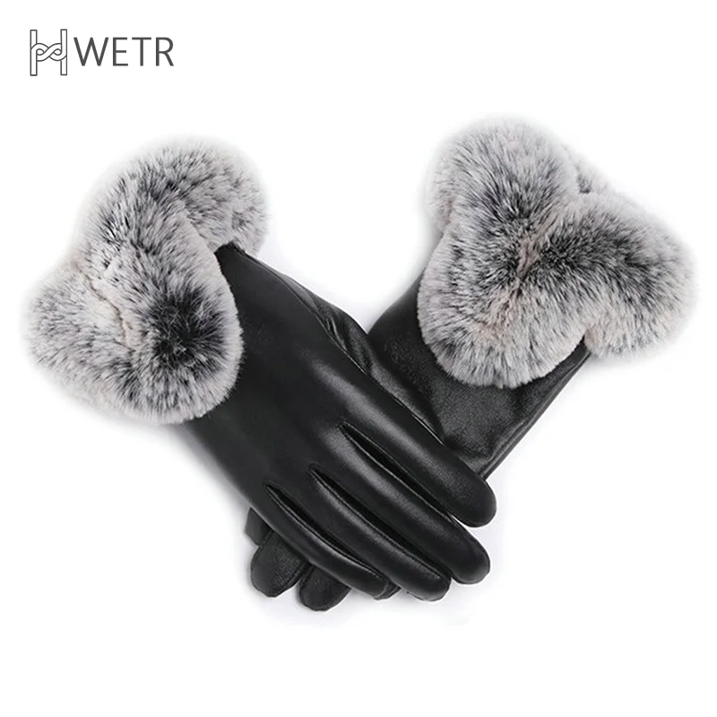 1 Pair Women Winter Warm Gloves Women Lady Black PU Leather Gloves Autumn Winter Warm Rabbit Fur Mittens Warmth Warmer Mittens