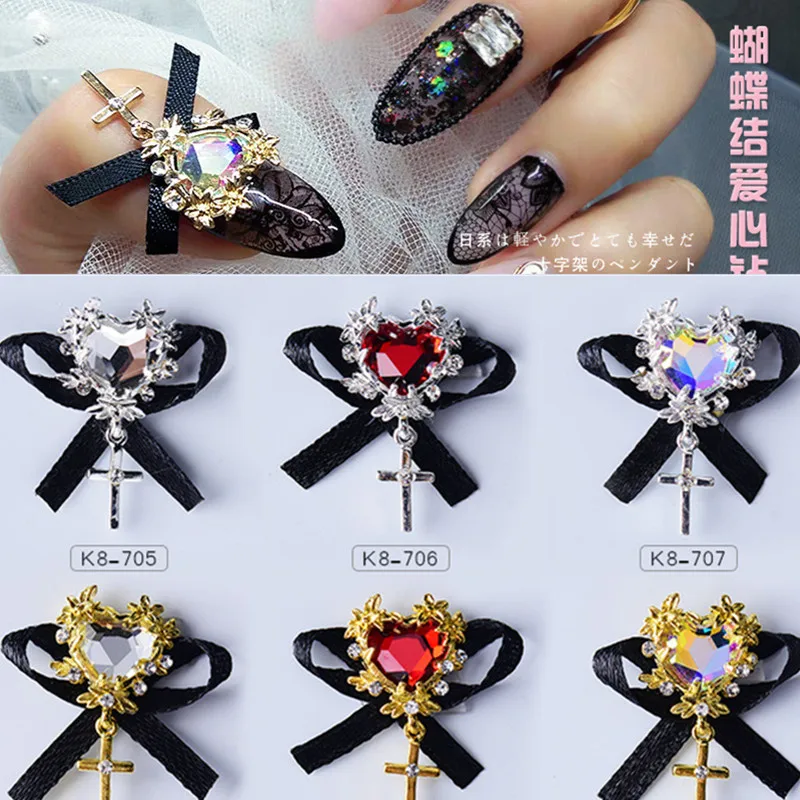 

10PCS Gold/Silver Alloy Zircon Nail Art Charms AB Heart Gems Rhinestones Nail Decorations Black Bow Manicure Diamond Accessories