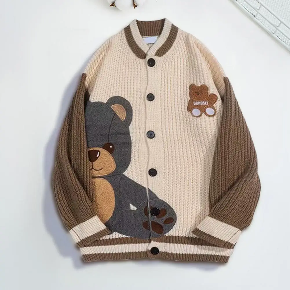 Baseball Collar Long Sleeve Patchwork Color Buttons Placket Knitting Cardigan Japanese Style Cute Bear Pattern Sweater Coat