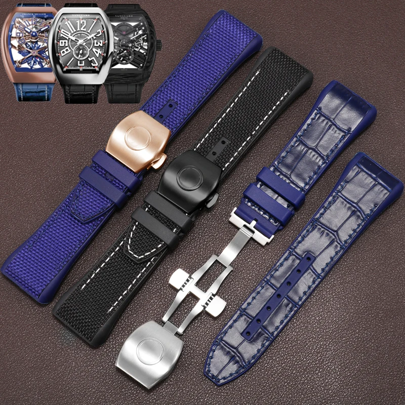 

28mm High Quality Nylon Genuine Leather Silicone Watchband Black Blue Folding Buckle Watch Strap For Franck Muller V45 Series