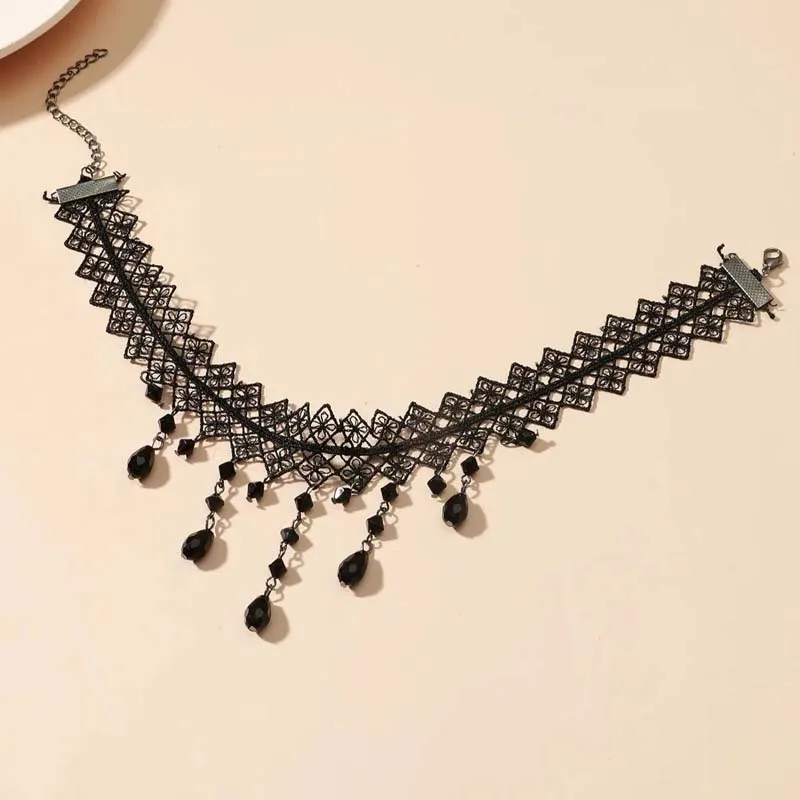 Collier Gothique Dentelle Noire Avec Cristal - Accessoire Punk Pour Femmes, Halloween, Style Rock Ou Soirée