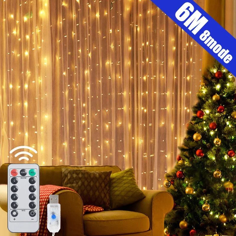 

LED Garland Curtain Lights 8 Modes USB Remote Control Fairy Lights String Wedding Christmas Decor for Home Bedroom New Year Lamp