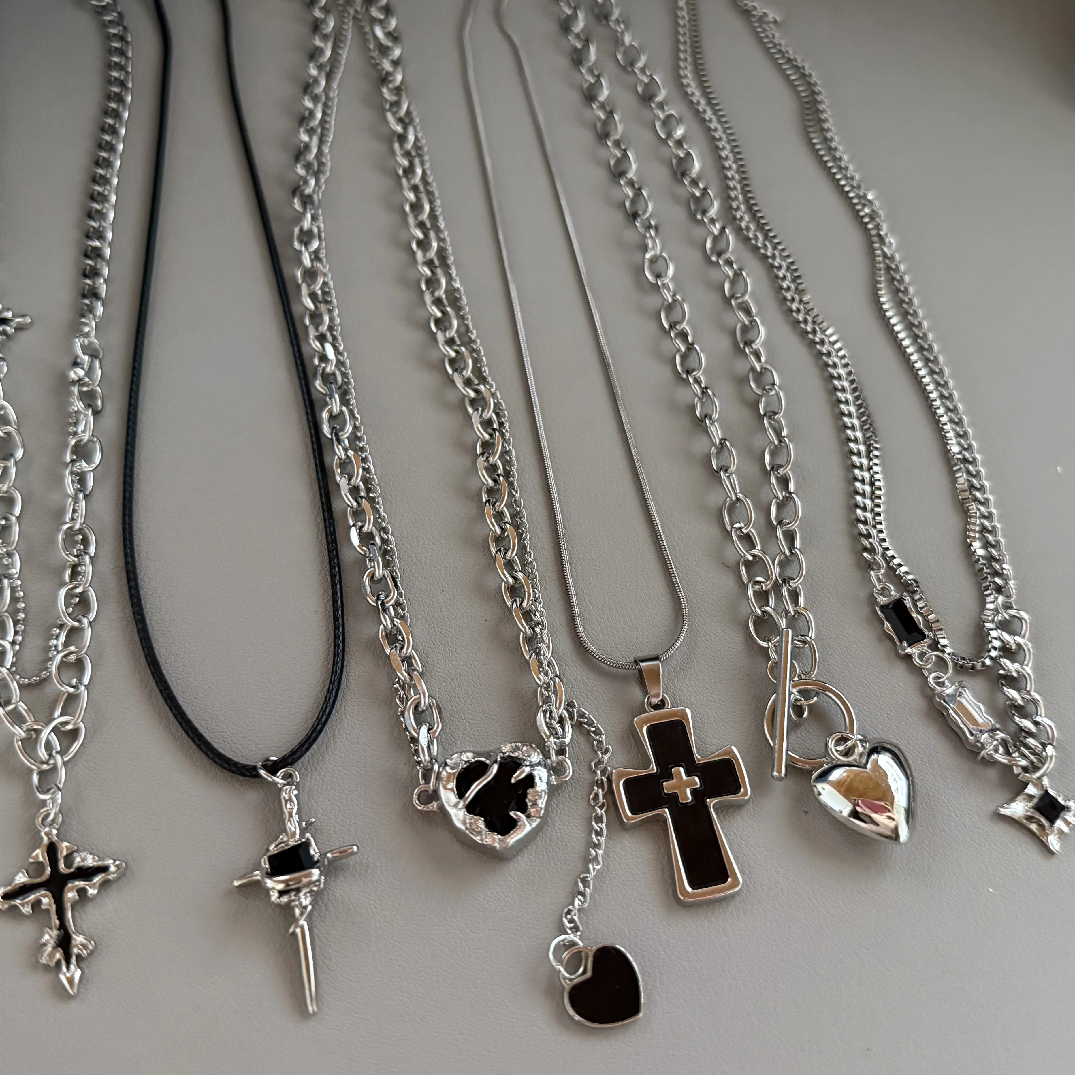 New Punk Goth Stainless Steel Star Cross Heart Pendant Choker