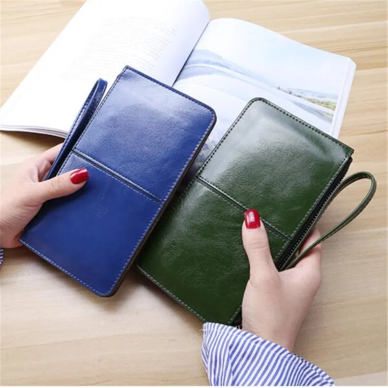 

Women'S Vintage Oil Wax PU Zipper Clutch Wallet Female Large Capacity Coin Purse Ladies Wristband Simple Card Holder Wallet