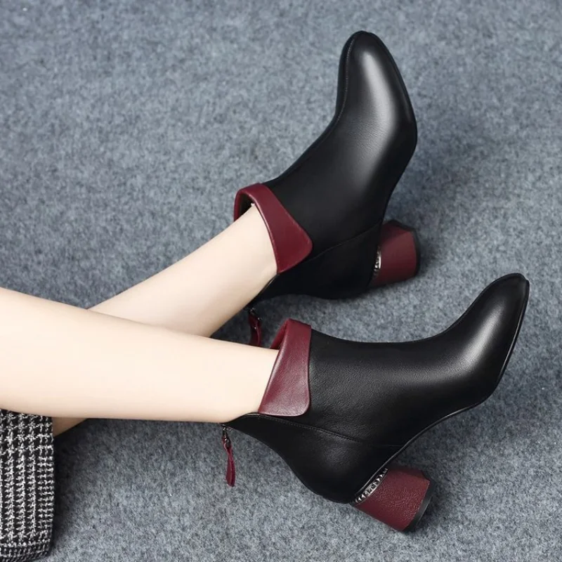 Women's Ankle Boots Pumps Winter Autumn Ladies Plush Warm High Heels Leather Fashion Pointed Toe Zipper Short Women Botas
