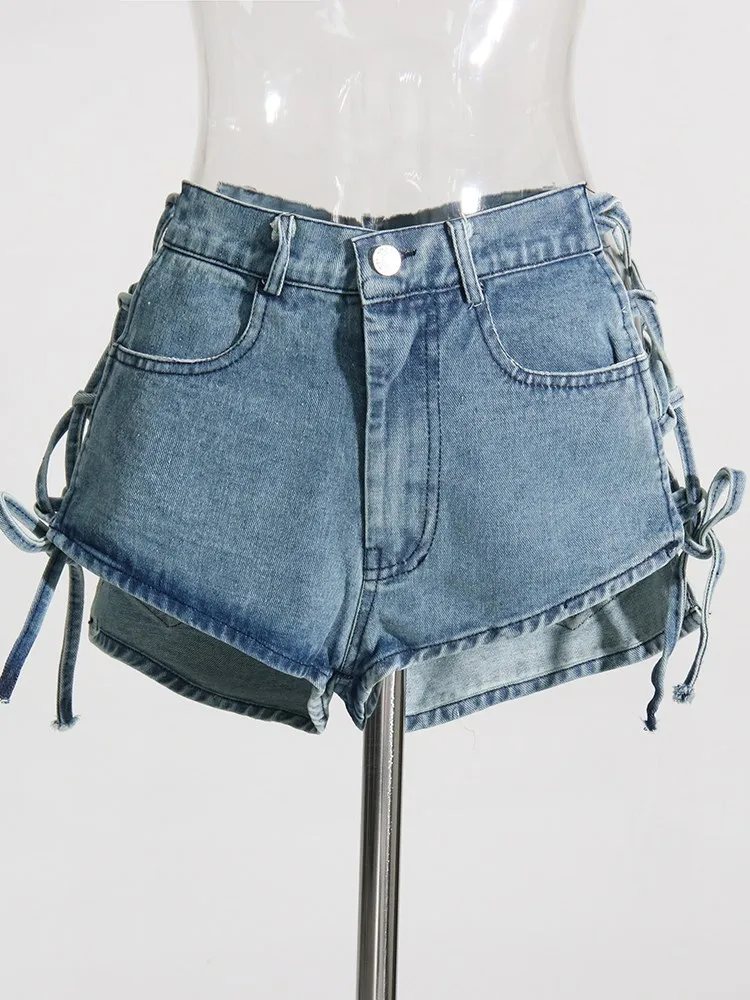 KBQ Hollow Out Spliced Lace Up Shorts For Women High Waist Patchwork Pockets Sexy Denim Short Trousers Summer Fashion Style New