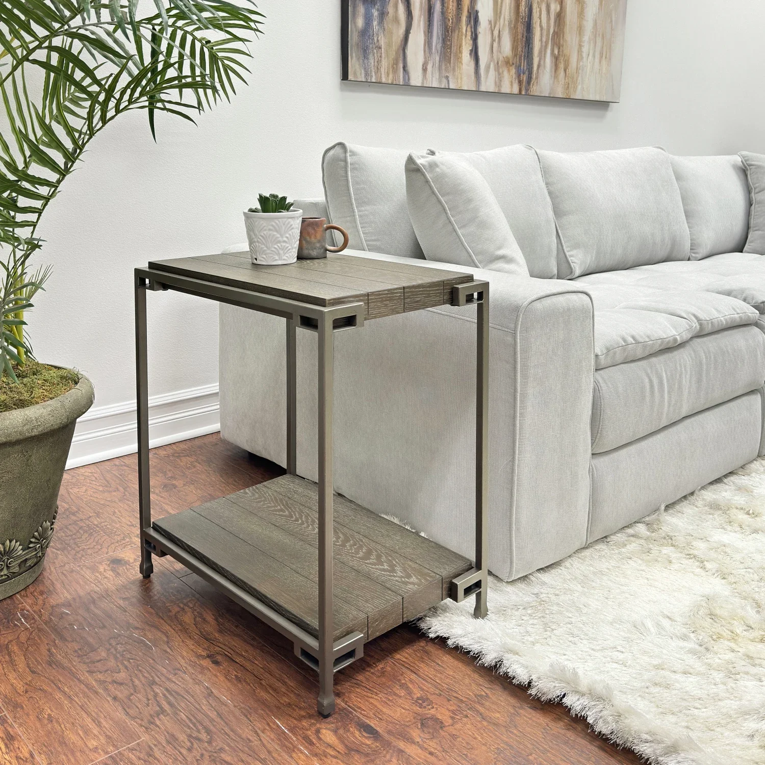 

Rustic Corbeta Metal Frame Wood Living Room Chairside Table with Lower Shelf in Distressed Aged Graphite Finish