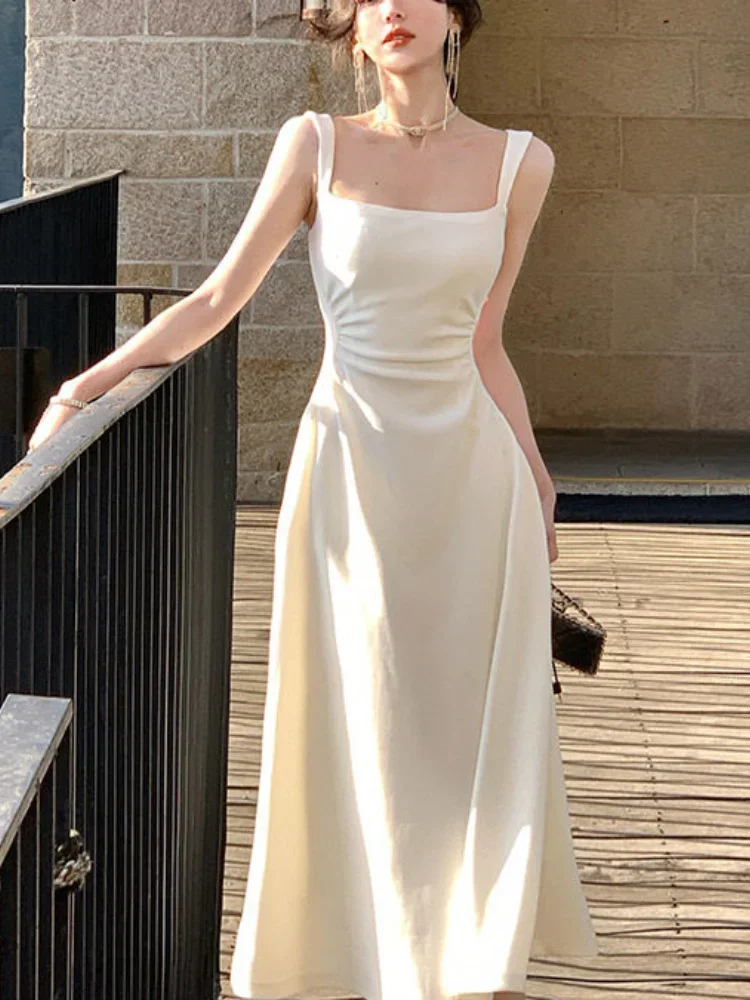 

2023 Summer Even Party White Midi Dress Office Lady Slim Sexy Sleeveless Strap Dress Beach Style Women One Piece Dress Korean