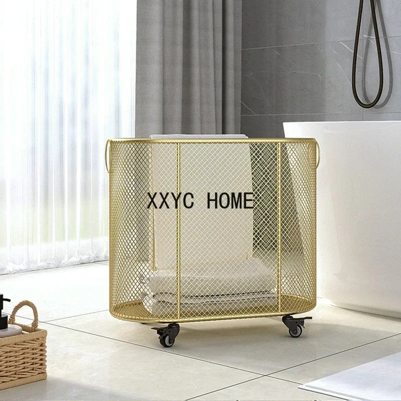 

Nordic Bathroom Iron Art Laundry Baskets Light Luxury Dirty Clothes Basket Household Clothes Storage Basket Golden Belt Wheels