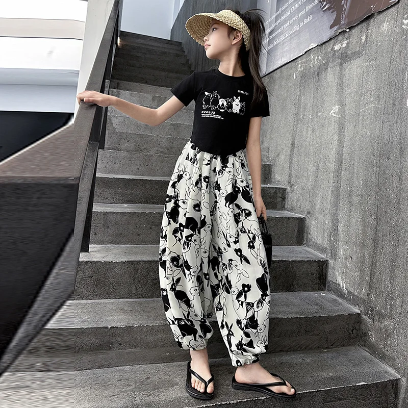 Baby Girls Clothes Summer Outfits Rabbit Printed Slim Short T-shirts Loose Sweat pants 5 6 7 8 9 10 11 12 13 Years Children sets