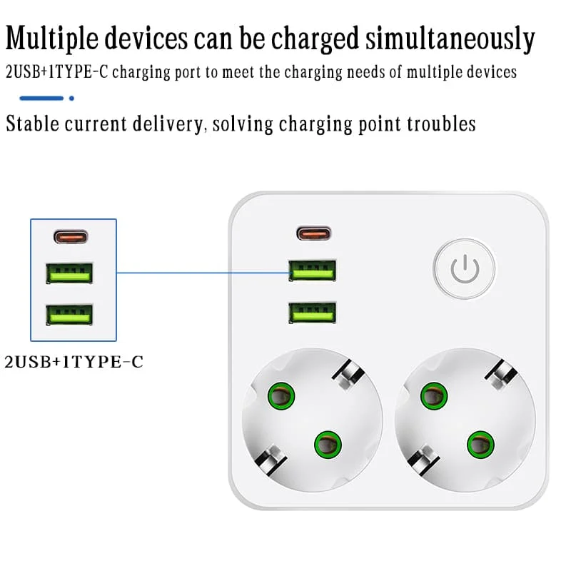 Power Strip EU Plug Outlet 2 Sockets Multitap Wall No Extension Cord with 2 USB 1 Type-C Ports 2500W MAX