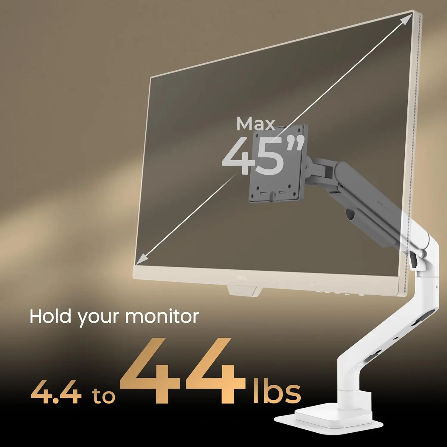 BSH02 Ergo Monitor Arm -Gas Spring Monitor Stand for Up to 45'' & 44lbs Screens, Heavy Duty, Quick Installation, No Sagging