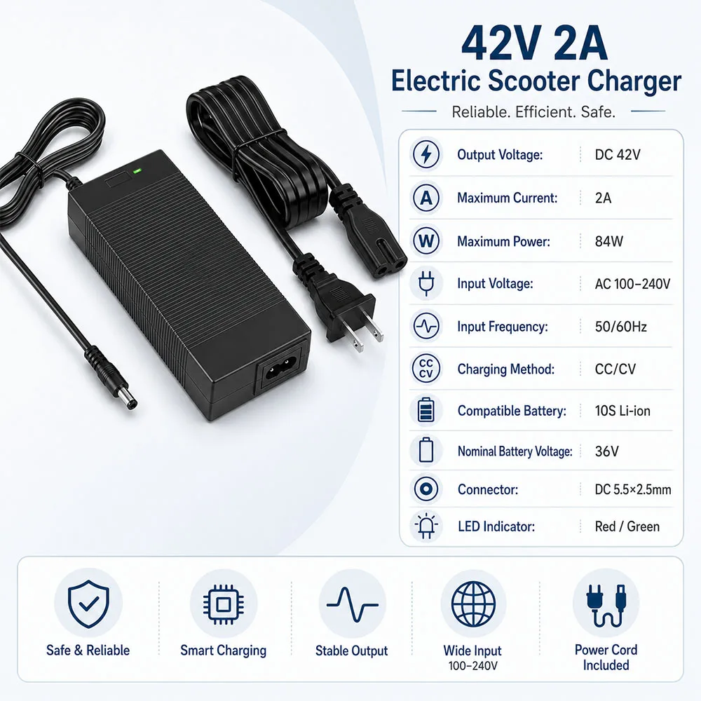 High-Performance 42V Lithium Battery Charger, 2A/5A Adjustable Output
