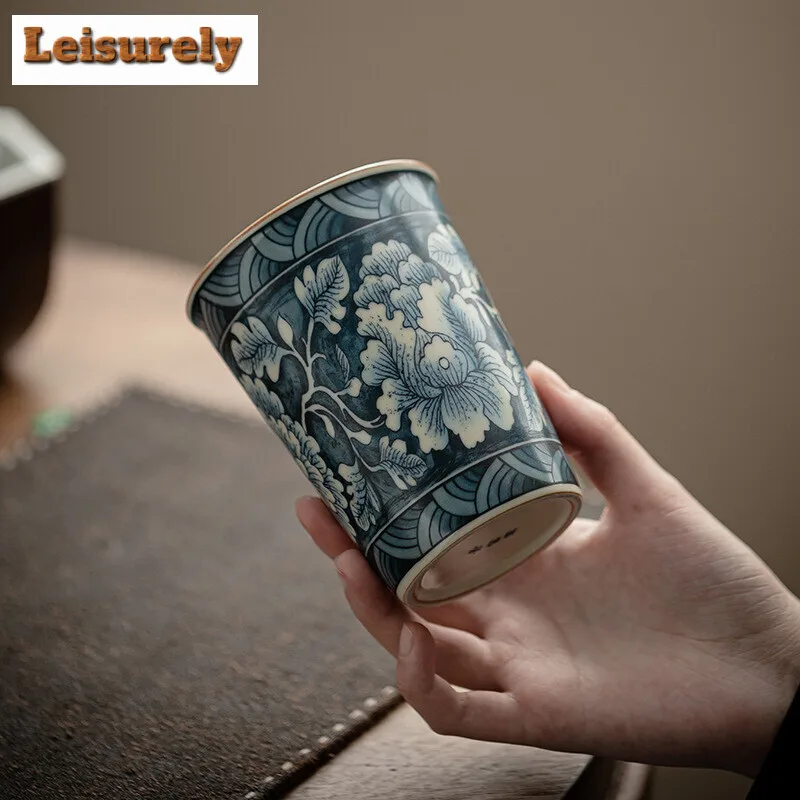 210ML Retro Ru Kiln Porcelain Cola Cup Handmade Blooming Flowers Ceramic Tea Mark Water Mug Coffee Mug Kung Fu Teaset Drinkware