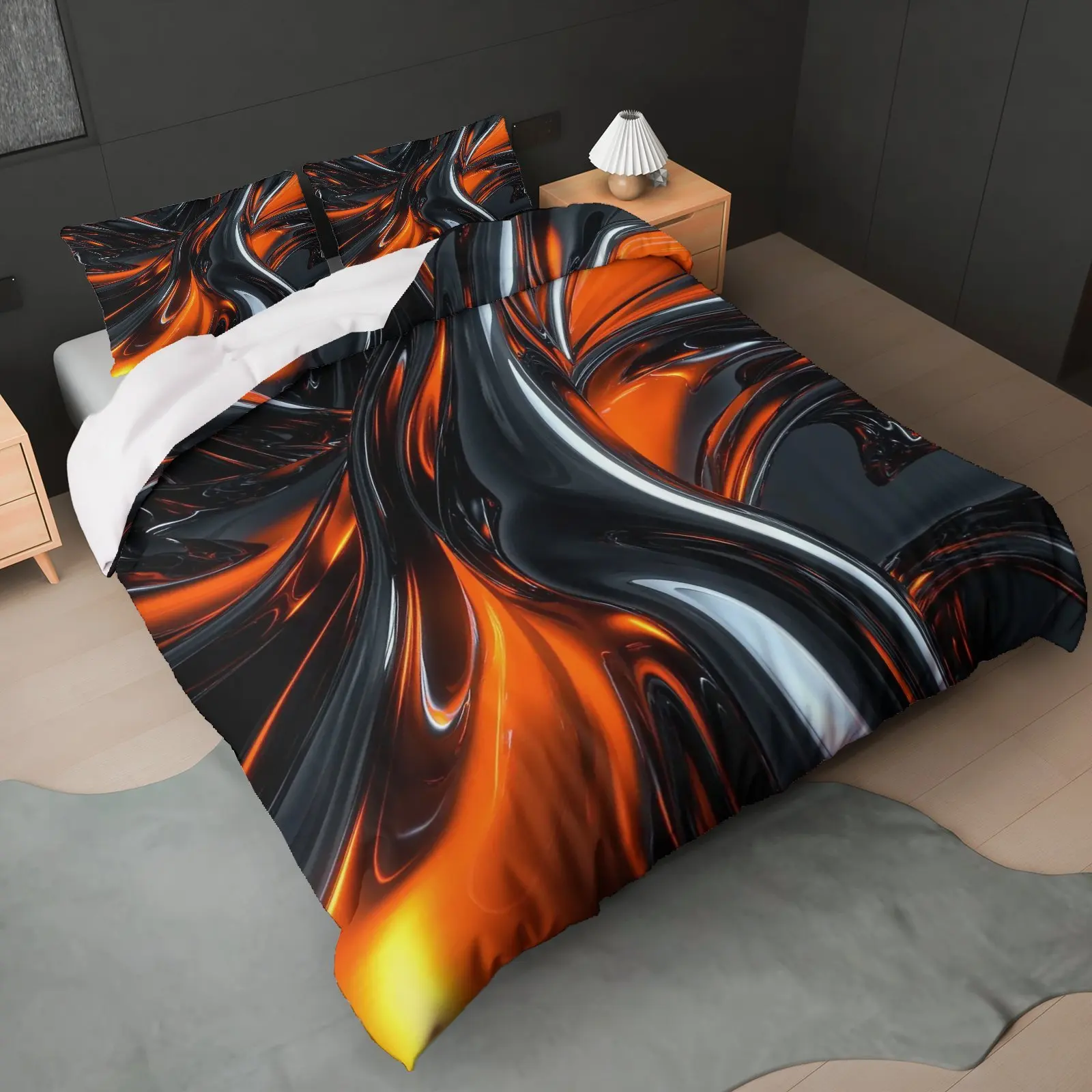 3Pcs Modern Abstract Black Orange Duvet Cover Set, Halloween Theme Bedding with Pillowcases for Bedroom Living Room Study Hotel