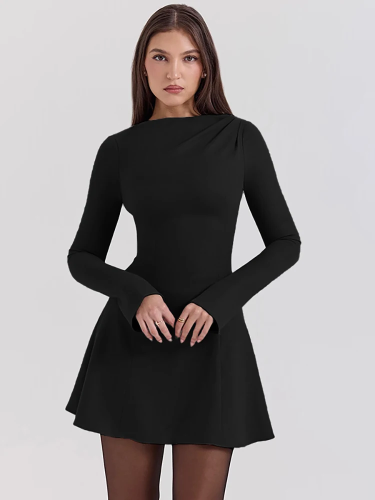 JULISSA MO Elegant Round Neck Women Dress Black Long Sleeve High Waist Mini Dress Female Autumn A-line Slim Party Clubwear 2025