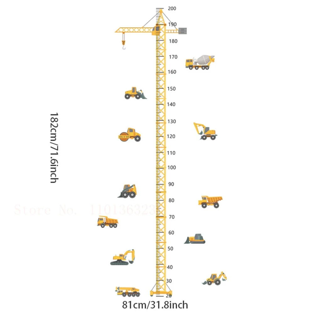 Construction Vehicle Tower Crane height stickers For Kids Room Kindergarten Baby Measuring Height Ruler Wall Stickers Boys Gift