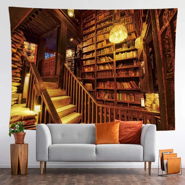 Bibliothèque murale suspendue rétro, tapisserie artistique pour décoration de maison, chambre à coucher, salon, bibliothèque mystère 4