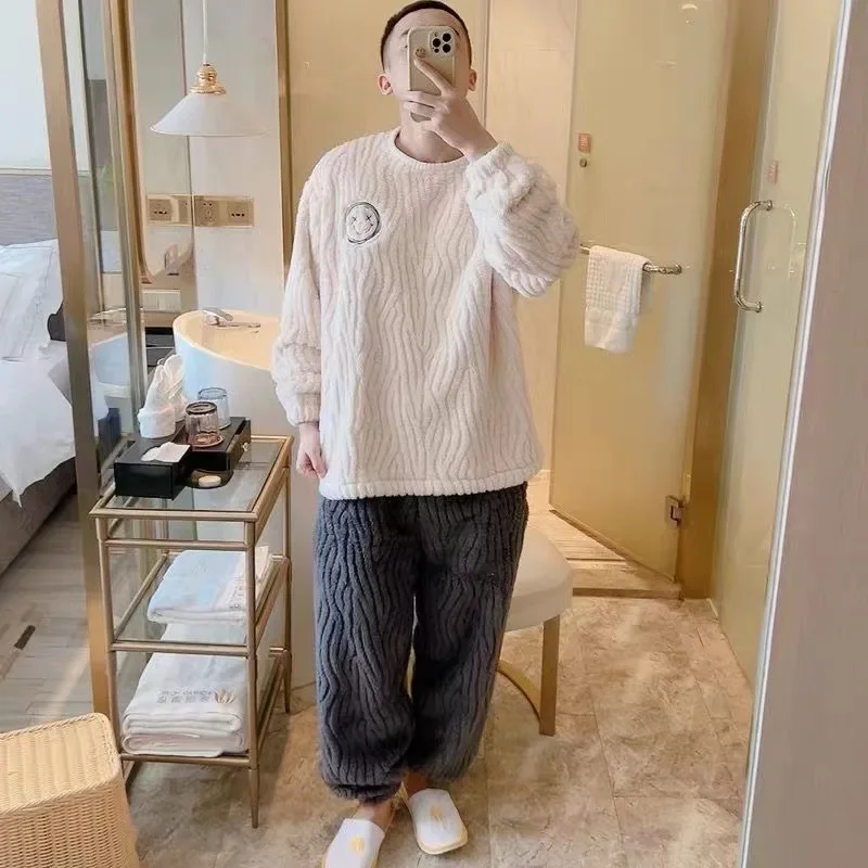 Pajama Set Men Autumn Winter Thickened Fleece-lined Long Plush Korean Style Home Clothes Two-piece Suit