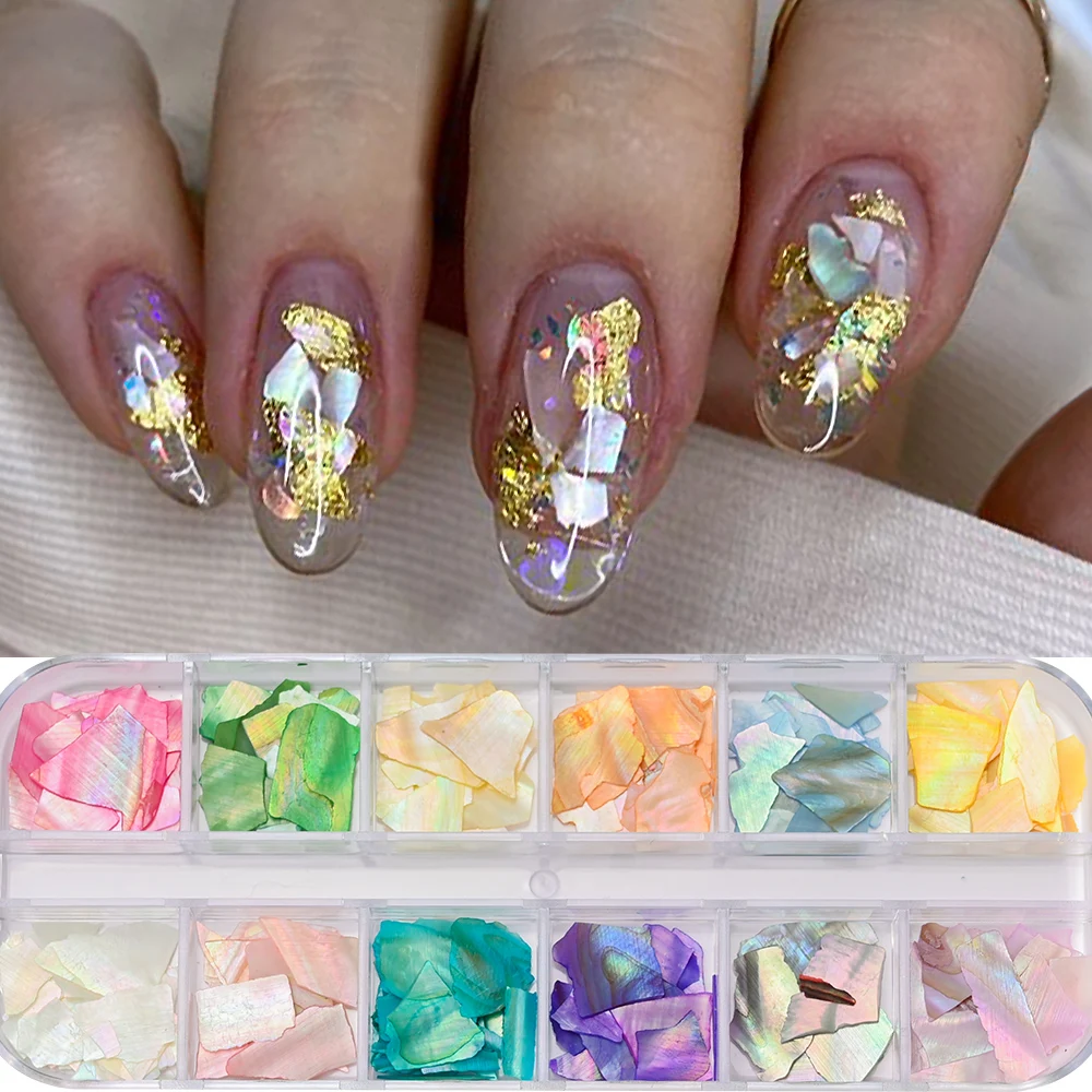 12Grids Nail Art Aurora Abalone Shell Flakes 3D Irregular Sea Shell Slices Nail Charms 1pcs Holographic Shell Sequins Nail Parts 6