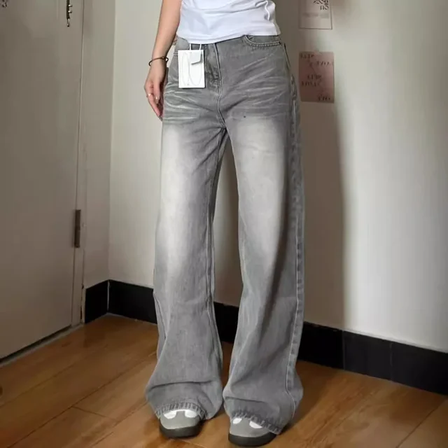 Jean Vintage à jambes larges, gris, Style américain, pantalon décontracté à jambes droites pour femmes, coupe ample drapée, nouvelle collection printemps automne 2024 2