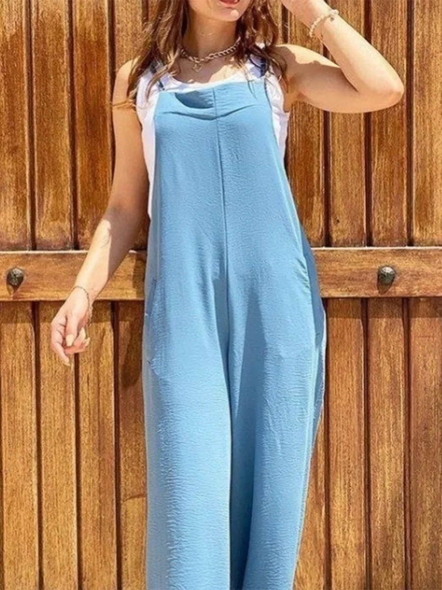 Women\'S Vintage Loose Cotton Linen Jumpsuit Solid Color U Neck Sleeveless Pocket Overalls Pants with Pocket Bibs Plus Size S-XXL