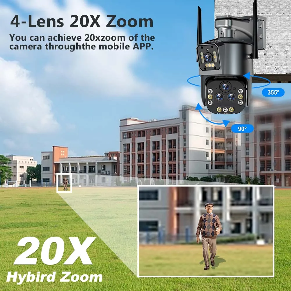 8K HD WiFi IP Camera 16MP 20X Hybrid Zoom Auto Tracking PTZ Cam Outdoor  Four Lens Dual Screen Video Surveillance Security CCTV