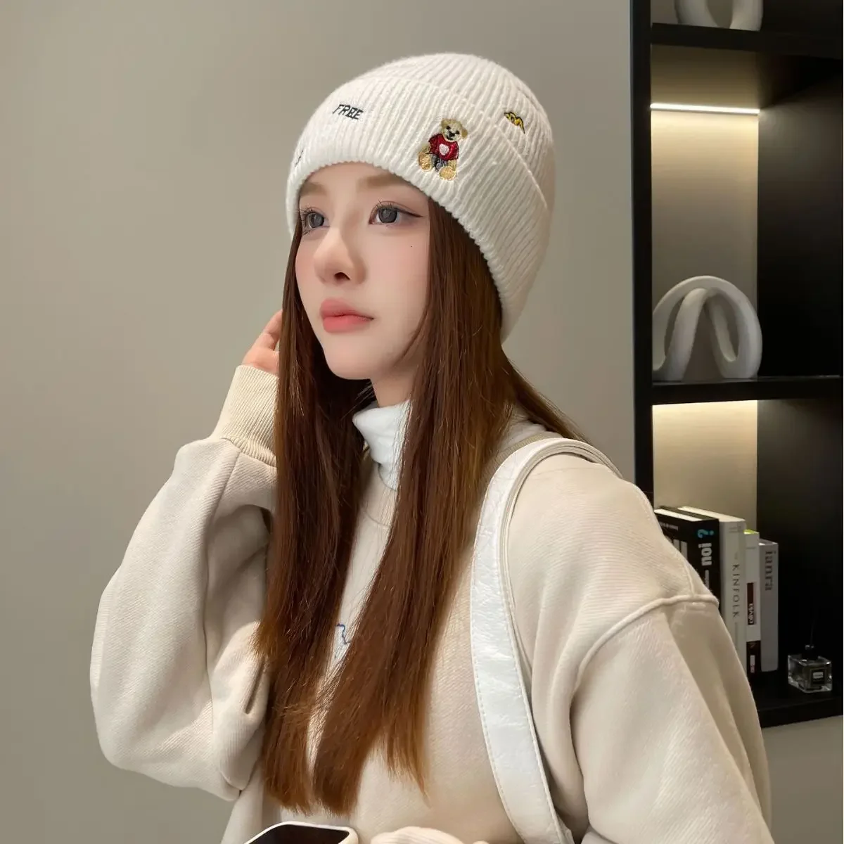 2023 New Bear Letter Wool Hat Woman Korean fashion Cap Trend Warm Ear Protection Cute Winter Knitted Hat Tide