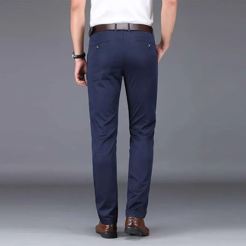Summer Ultra-thin Mens Ice Silk Casual Pants Soft Comfortable Solid Color Elastic Business Straight Trousers Man Navy Blue Pants