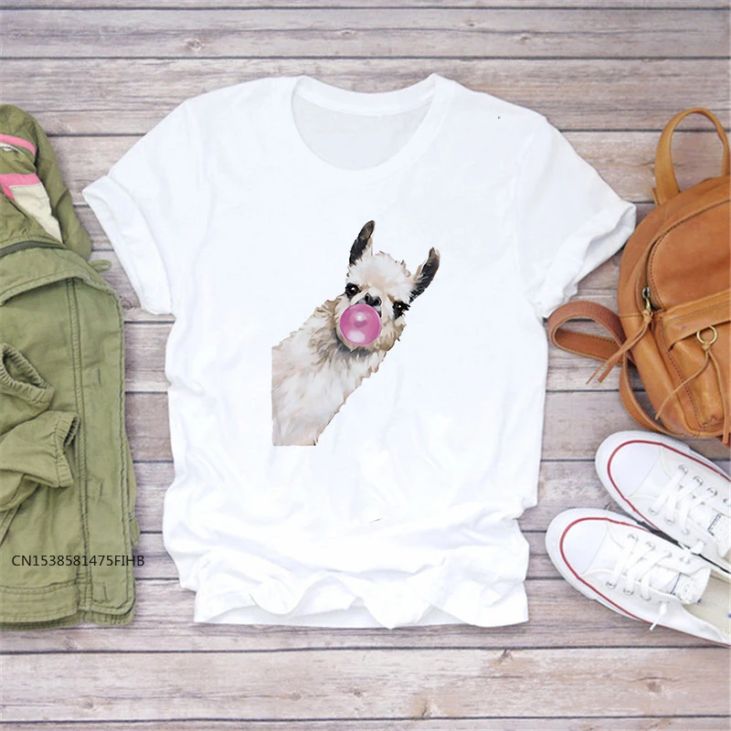 

Women T Shirt Alpaca Bubbles Girls Tshirt Print Short Sleeve Female T-Shirts Ladies Girls T-Shirt Kawaii Premium Lady Tee Shirts