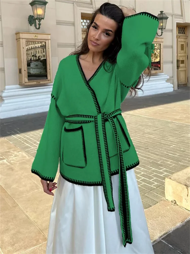 Knit Contrast Cardigan Sweater For Women Lace-Up Pocket Long Sleeve Patchwork Loose Coat Autumn Knitwear Women's Outwear