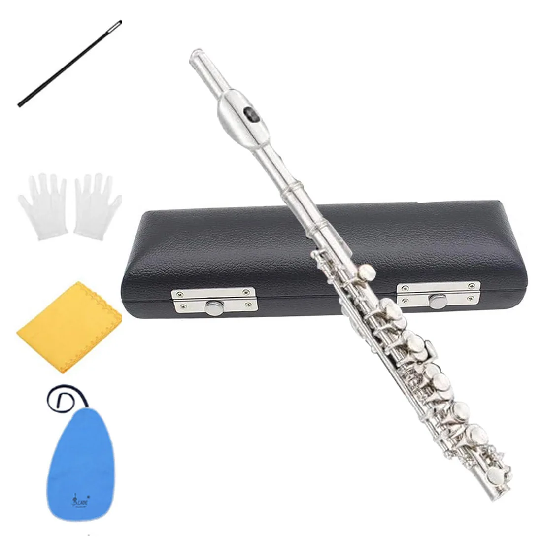 SLADE Silver C Key Piccolo Half-Size Flute C-shaped Piccolo with Box Cleaning Cloth Rod Gloves Set for Beginner Students
