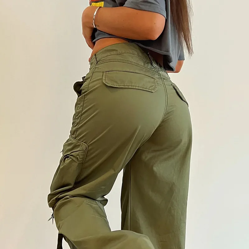 Solid Casual Loose Straight Leg Pants Women Autumn 2023 Medium Waist Button Zipper 3D Pockets Ribbon Cargo Trousers Streetwear