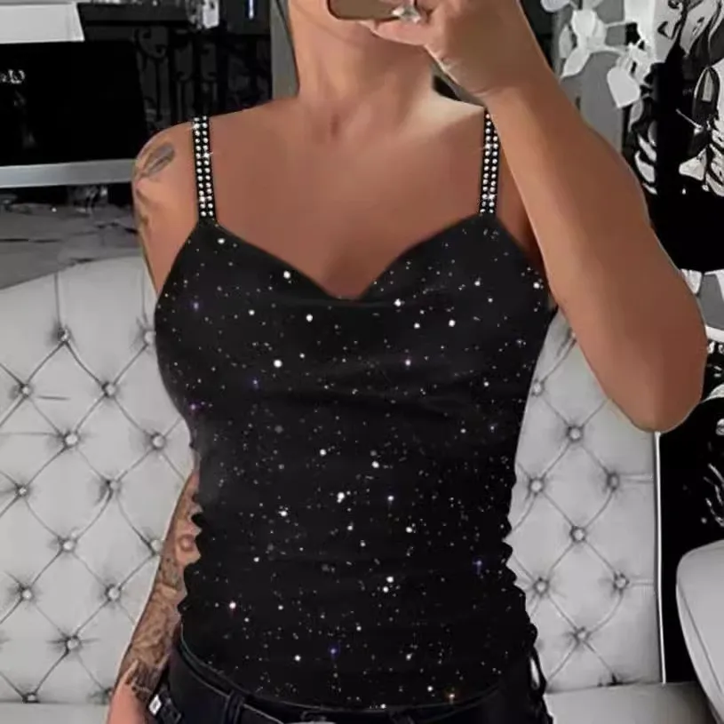 Women’s Rhinestone Glitter V-Neck Camisole with Cross Straps – Stylish Party Tank Top for Summer Nights 02