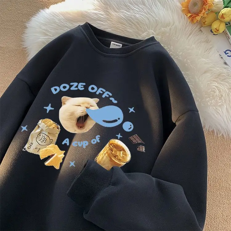 Men And Women Vintage Cat Print Personalized Graphic T-Shirt Couple Fashion Loose Casual Long Sleeve Harajuku Thick