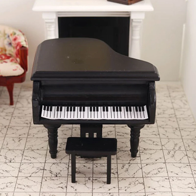 

Miniature Grand Piano Model with Stool Mini Musical Instrument 1/12 Dollhouse Action figure Accessories