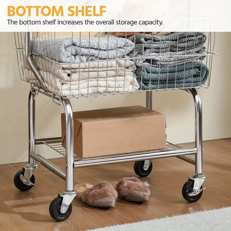 Yaheetech Wire Commercial Rolling Laundry Cart Laundry Basket with Garment Rack Laundry Butler with Basket Laundry Hampe 6