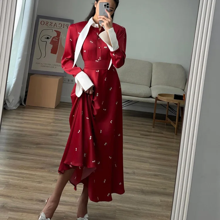 Elegant Satin Printed Long Dress Women's High Waist Patchwork Commute Slim Autumn Contrast Dress Female Maxi Dress
