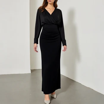 Mia Muse All Season 2025 Casual Comfortable Solid Color Long Sleeve V-Neck Nipped Waists Dresses For Women