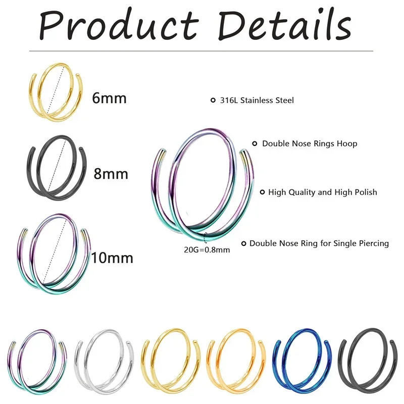 316L Stainless Steel Double Spiral Nose Hoop Ring Nose Hoop Set Women Men Nostril Piercing Jewelry 1PC nose rings